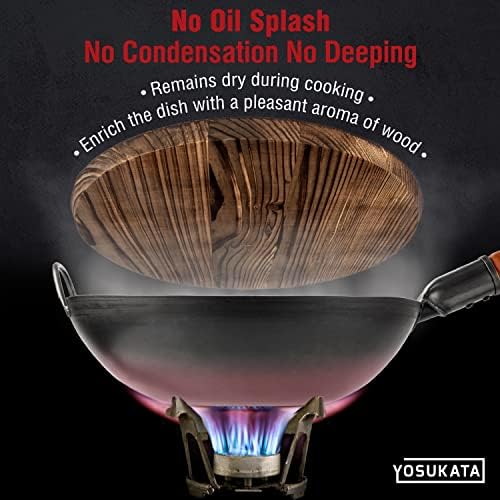YOSUKATA 13.5” Blue Carbon Steel Wok Pan + Pre-Seasoned Blue Carbon Steel 17-inch Spatula and Ladle + Premium Wok Cover 13.5 inch Pan Lid