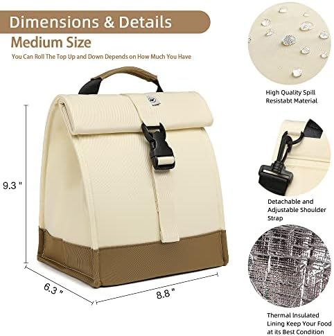 SUNNY BIRD Insulated Lunch Bag Rolltop Lunch Box (White)