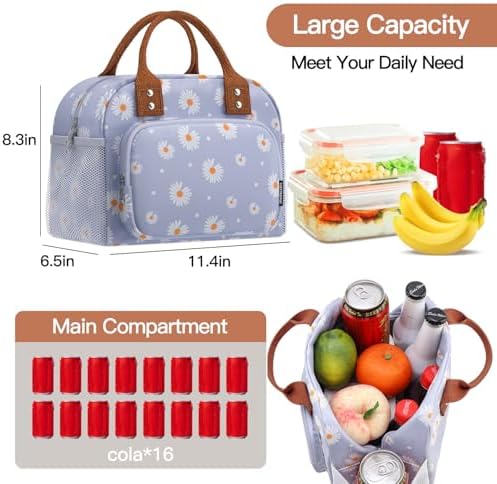 Lunch Bag for Women, Insulated Lunch Box for Women Men Work Adult, Cute Lunch Tote Large Capacity Reusable Cooler Containers for Picnic Travel Office or Beach (Blue Daisy)