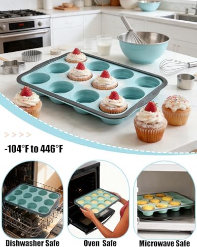 Silicone Muffin Pan for Baking with Metal Frame， Nonstick Cupcake Pan， 12 Cup Baking Pan for Cupcake, Tarts, Egg Bites(12 Cup Green)