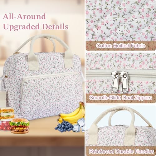WOBAGMEN Quilted Lunch Box for Women, Insulated Lunch Bag for Adult,Cute Lunch Tote Bags for Work Picnic Travel(Pink Floral,M)