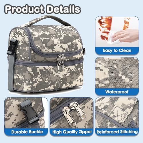 FlowFly Kids Double Decker Cooler Insulated Lunch Bag Large Tote for Boys, Girls, Men, Women, With Adjustable Strap, Digital Camo