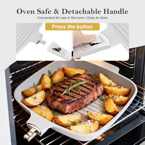 RANX INGST Nonstick Ceramic Griddle Pan with Lid, 10 Inch Steak Pan- White