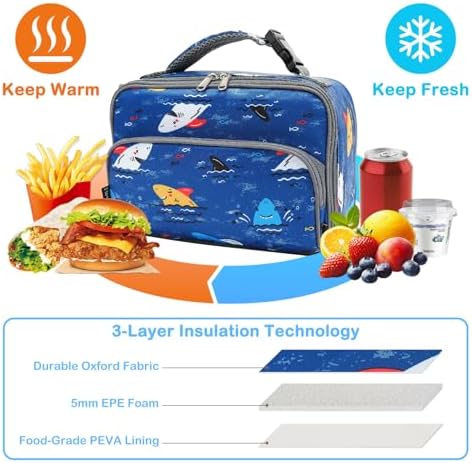FlowFly Kids Lunch box Insulated Soft Bag Mini Cooler Back to School Thermal Meal Tote Kit for Girls, Boys, Colorful-Shark