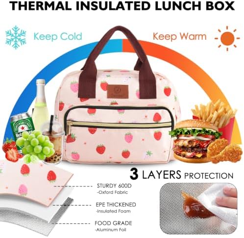 Insulated Lunch box for Women,Leakproof Quilted Thermal Lunch Bag, 14L Large Capacity Lunch Tote Bag Lightweight LunchBox Cooler for Work, School, Picnic or Travel with 2 Front Pocket-Strawberry