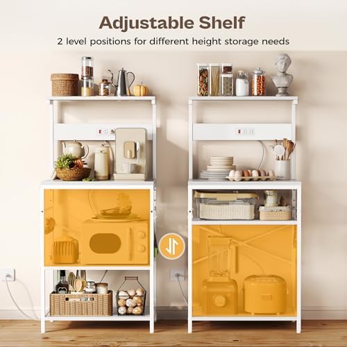 SUPERJARE Kitchen Bakers Rack with Power Outlet, Coffee Bar Table 4 Tiers, Kitchen Microwave Stand with 6 S-Shaped Hooks, Storage Shelf Rack for Spices, Pots and Pans - White