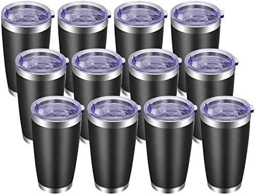 VEGOND 20oz Tumbler with Lid and Straw Stainless Steel Tumbler Cup Bulk Vacuum Insulated Double Wall Travel Coffee Mug Powder Coated Coffee Cup, Black, 12 Pack