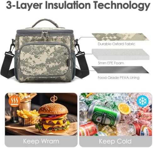 FlowFly Insulated Reusable Lunch Bag Adult Large Lunch Box for Women and Men with Adjustable Shoulder Strap,Front Zipper Pocket and Dual Large Mesh Side Pockets,DigitalCamo