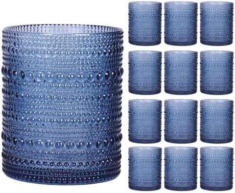 Moretoes 12 Pack 10 Oz Blue Vintage Hobnail Drinking Glasses Set of 12
