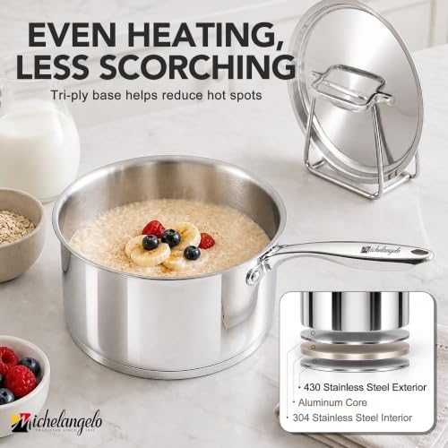 MICHELANGELO 4 Quart Stainless Steel Saucepan with Lid, Tri-Ply Base