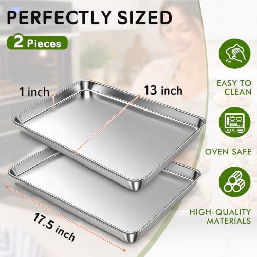 Baking Sheet Pan Set of 2, Stainless Steel Cookie Sheets for Baking, 18 x 13 Inch Large Baking Tray for Oven, Warp Resistant Nonstick Half Sheet Pan, Heavy Duty & Easy Clean