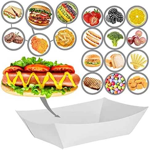 100 Pack 2lb Kraft Paper Food Trays, Waterproof Heavy-Duty Paper Food Boats Disposable Serving Baskets Trays for Fries Sandwiches Burgers Hot Dogs Taco BBQ Popcorn Picnic Wedding Party (White)