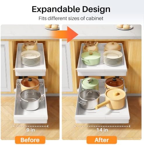 PXRACK Pull out Cabinet Organizer, 2-Pack Expandable(9"-14.2") Silde out Drawers with Raising Pad for Framed Cabinets, Adjustable Full-Extension for Kitchen Pantry Home Pot and Pan, White