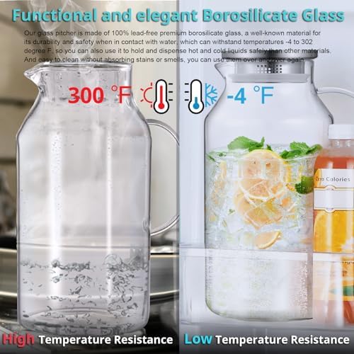 Bivvclaz 1 Gallon Glass Pitcher with Lid and Handle, Water Pitcher for Fridge, Glass Carafe for Hot/Cold Water, Large Iced Tea Jug for Coffee, Juice and Homemade Beverage (Pack of 2)
