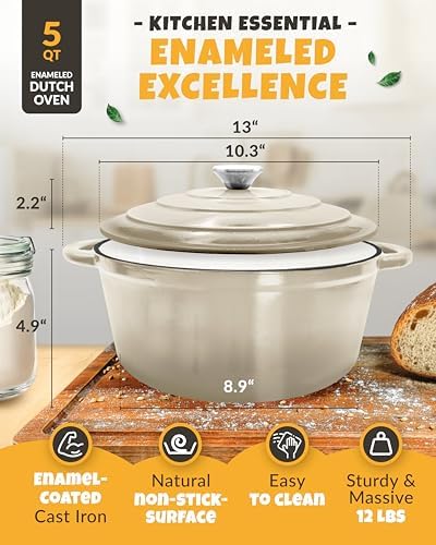 CRUSTLOVE 5 QT Enameled Dutch Oven for Bread Baking with Lid & Baking Set