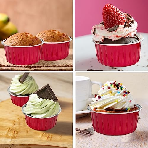 100Pcs Aluminum Cups with Lids,5oz Disposable Ramekin Baking Cups Muffin Liners Mini Pie Pans Foil Cupcake Containers for Christmas Party Wedding Party,Red