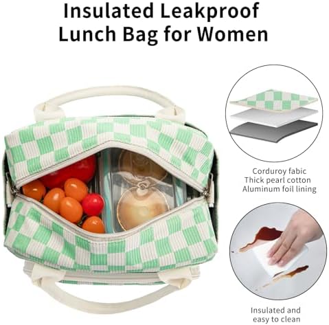 Lunch Bag Women Lunch Box for Women Adult Cute Insulated Lunch Bag Lager Cooler Lunch Tote Bags for Work Picnic (Beige-Light Green Plaid)