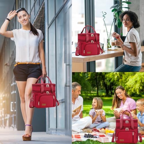 MAPLELILY Lunch Box for Men Women - Double Deck Insulated Lunch Bag, Large Leak Proof Tote Cooler, Wide Open Dual Compartment Lunch Bags with Shoulder Strap, For Work Picnic Hiking Beach, Red