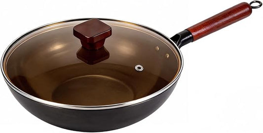 Calmabode 13" Pre-Seasoned Carbon Steel Flat Bottom Wok - Fast, Even Heating - Works on Gas, Electric & Induction - Durable Commercial-Grade - Ready-to-Use, Easy Maintenance - Toxin-Free Cooking