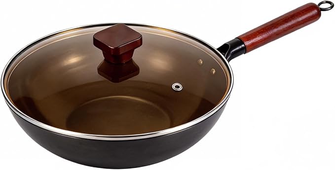 Calmabode 12" Pre-Seasoned Carbon Steel Flat Bottom Wok - Fast, Even Heating - Works on Gas, Electric & Induction - Durable Commercial-Grade - Ready-to-Use, Easy Maintenance - Toxin-Free Cooking