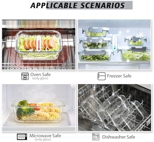 AILTEC 12 Pack Glass Meal Prep Containers Set, Airtight Snap Lids, 4 Sizes