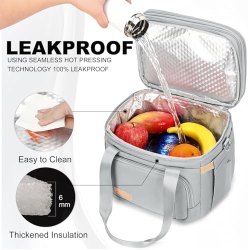 MAPLELILY Lunch Box for Men Women - Double Deck Insulated Lunch Bag, Large Leak Proof Tote Cooler, Wide Open Dual Compartment Lunch Bags with Shoulder Strap, For Work Picnic Hiking Beach, Grey