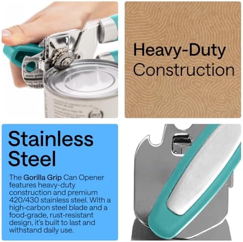 GORILLA GRIP Upgraded Model Stainless Steel Manual Can Opener, Turquoise