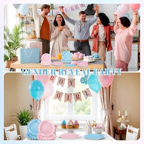 NatNarr 30 Pcs Gender Reveal Plates 9 Inch Disposable Scalloped Pink and Blue Plates Cute Dessert Cake Dinner Plate for Baby Shower, 1st Birthday (Pack of 3)