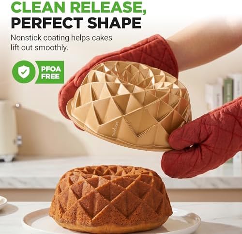 NutriChef 9-Inch Cake Pan - 9 Cups Nonstick Heavy Cast Aluminum Cake Mold for Baking - French Wreath Design for Uniform Baking - Easy to Clean, Gold