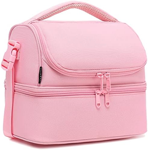 FlowFly Double Decker Cooler Insulated Lunch Bag Large Tote for Boys, Girls, Men, Women, With Adjustable Strap,Pink