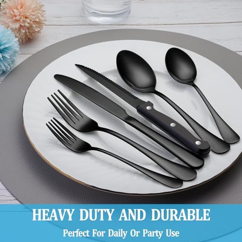24 Pcs Black Silverware Set with Steak Knives, Stainless Steel Flatware Cutlery Set for 4, Kitchen Tableware Sets, Utensil Sets for Home and Restaurant, Dishwasher Safe