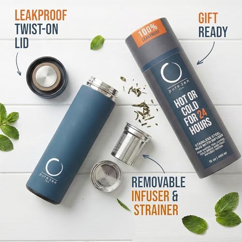 Pure Zen Tea Insulated Tea Infuser Bottle, 15 oz, Tea Thermos with Infuser