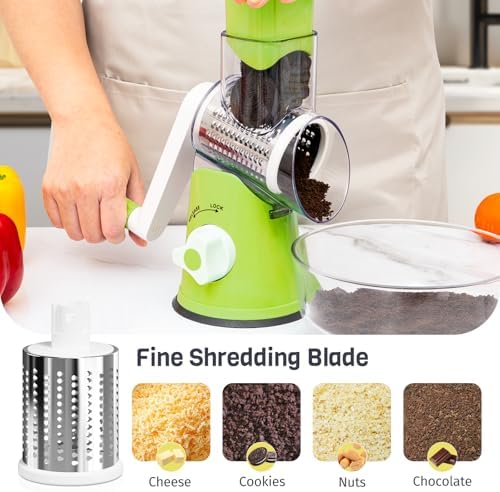 Rotary Cheese Grater Hand Crank, 3 Blades Slicer Shredder, Cheese Grater for Kitchen, Multi-Functional Kitchen Tool for Vegetables, Nuts, Chocolate, with Strong Suction Base, Green