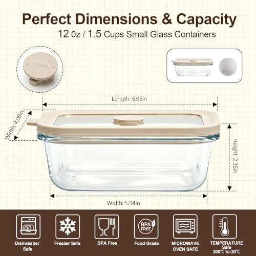 12 oz Small Glass Food Storage Containers with Glass Lids, 6 Pack