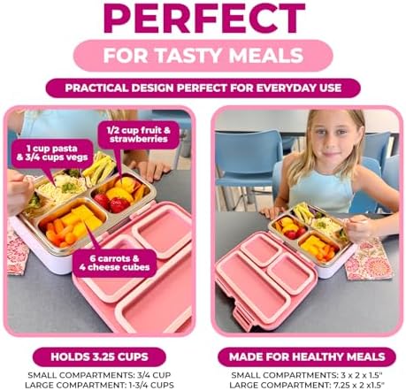 kinsho Stainless Steel Bento Box Lunch Container for Kids Adults, Pink