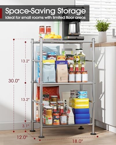 Sakugi 3-Tier Metal Storage Shelves Adjustable Feet, 18"x12"x30", Silver