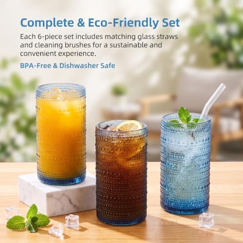 Vintage Hobnail Drinking Glasses Set of 6, 16 oz Large Capacity Embossed BlueTumblers, Highball Glasses for Water, Cocktail, Beer, Whiskey, Kitchen & Bar Use
