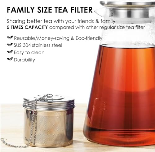 Extra Large Tea Infuser -304 Tea Filter with Threaded Lid & Chain Hook-Perfect for Loose Leaf Tea,Cooking,Herbs,Iced Tea & Soup - Extra Fine Mesh Tea Strainers
