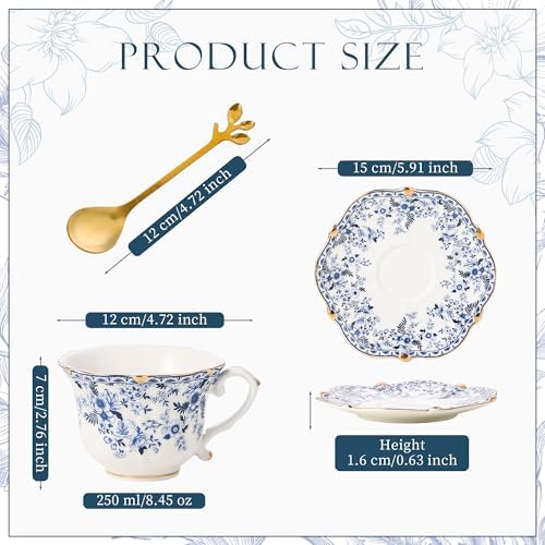 Country Roses Porcelain Tea Cup and Saucer Set with Gold Trim, Vintage Style, For Women and Tea Parties (1, Cyan)