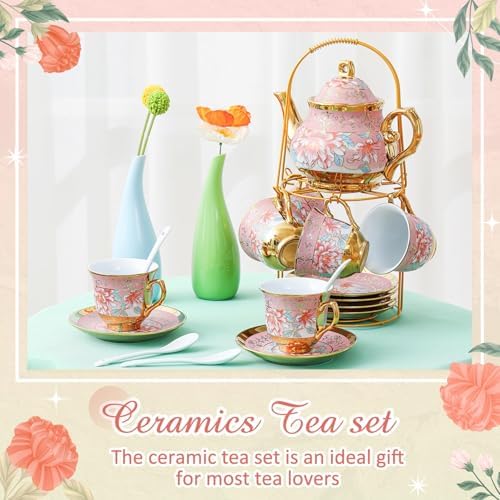Zhehao 20 Pcs Porcelain Tea Set for Adult, with Metal Holder, Pink