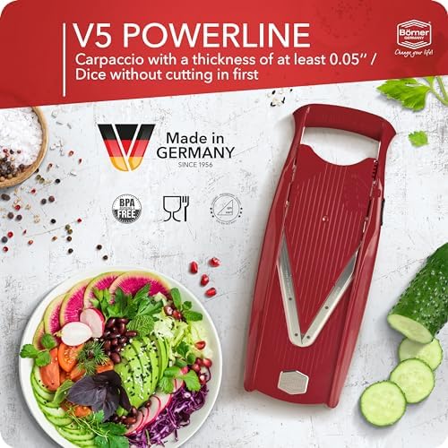 Börner Mandoline Slicer V5 (Professional Set) • Adjustable Vegetable Slicer (7-piece) • 10 Cutting Styles • Kitchen Slicer incl. Docking Station • Stainless Steel V-Blade • Color: Red