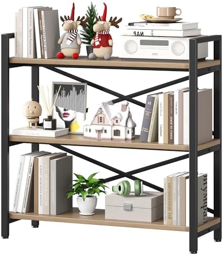 Homeiju 3 Tier Bookshelf 31.49" Width, Wood and Metal Etagere Bookcase, Vintage Farmhouse Modern Wooden Big Book Shelf for Home Living Room Bedroom Office Storage(Light Coffee)