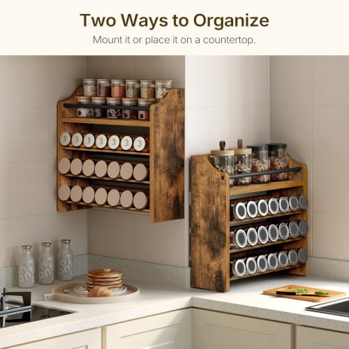 YATINEY Spice Rack, 4 Tier Wall Mount & Countertop Organizer, Industrial Spice Holder, for Kitchen Countertop and Cabinet, Compact and Versatile, Rustic Brown SR07BR