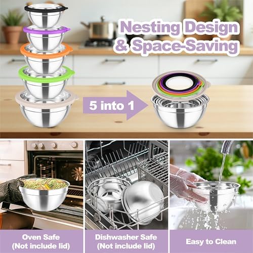TeamFar Mixing Bowls Set, Stainless Steel Salad Bowl with Lids, Colorful
