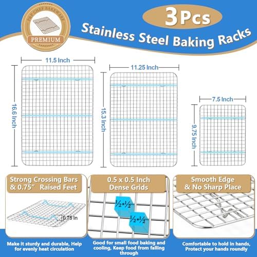 P&P CHEF 17.5 + 16 + 10.4 Inch Cookie Baking Sheet Pan with Wire Rack,6 Pcs