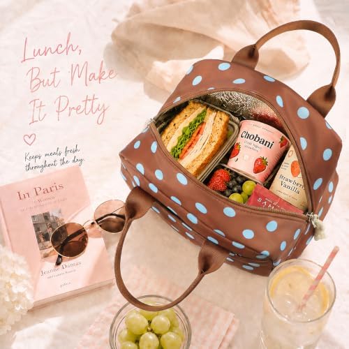LOVELYWIND Lunch Box for Women,Insulated Lunch Bag Brown & Blue Polka Dots