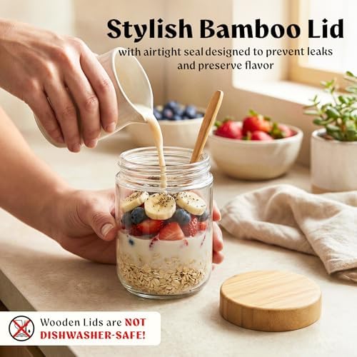 EDELHAUS Overnight Oats Containers with Lids - Glass Mason Jars, Meal Prep