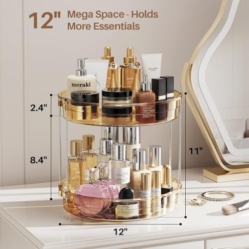 LAMU 12inch 2 Tier Lazy Susan Turntable Organizer Rotating Spice Rack Organization for Cabinet, Kitchen, Pantry, Countertop, Bathroom, Vanity, Medicine Cabinet Organizer, Amber