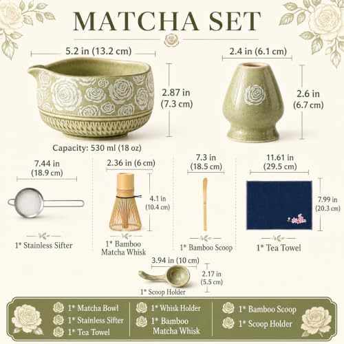 Matcha Whisk Set, 7-Pc Ceramic Matcha Bowl Kit, Bamboo Whisk,（Rose Green）
