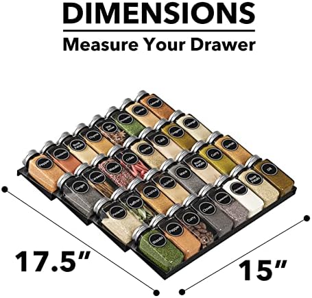 SpaceAid Spice Drawer Organizer with 32 Spice Jars, 386 Spice Labels, 4 Tier Seasoning Rack Tray Insert for Kitchen Drawers, 15" Wide x 17.5" Deep